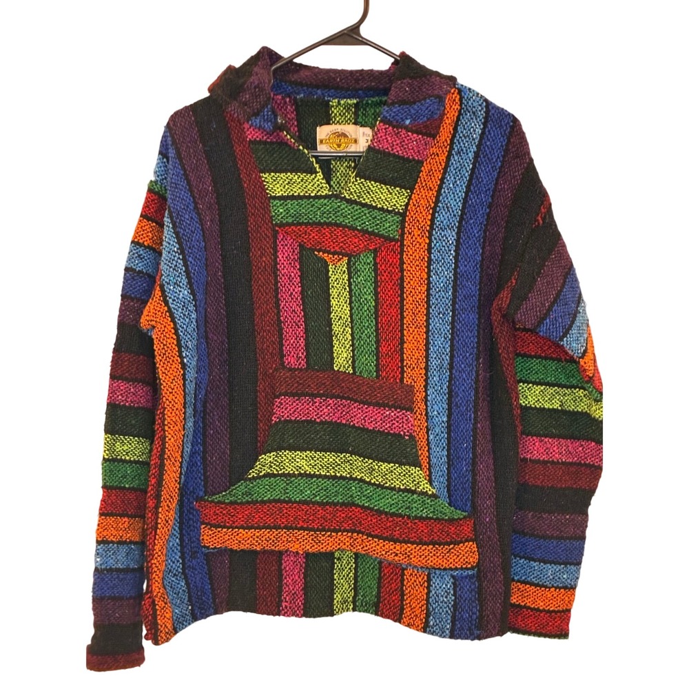 Vintage Earth Ragz Baja Hoodie Rainbow Striped Drug Rug Pullover Mexico Medium